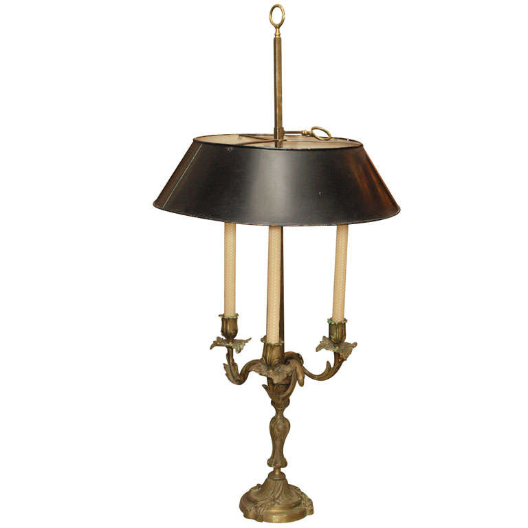 French Bronze Louis XV Bouillotte Lamp w/ Tole Shade