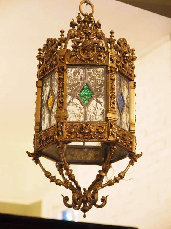 English brass and stained glass lantern.