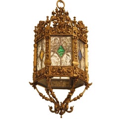 English Brass And Stained Glass Lantern