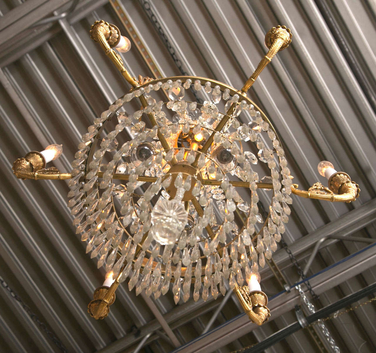 20th Century Feather Crown Bronze & Crystal Chandelier Attributed to Caldwell For Sale