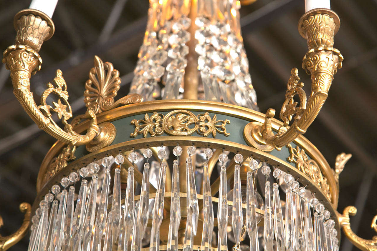Neoclassical Feather Crown Bronze & Crystal Chandelier Attributed to Caldwell For Sale