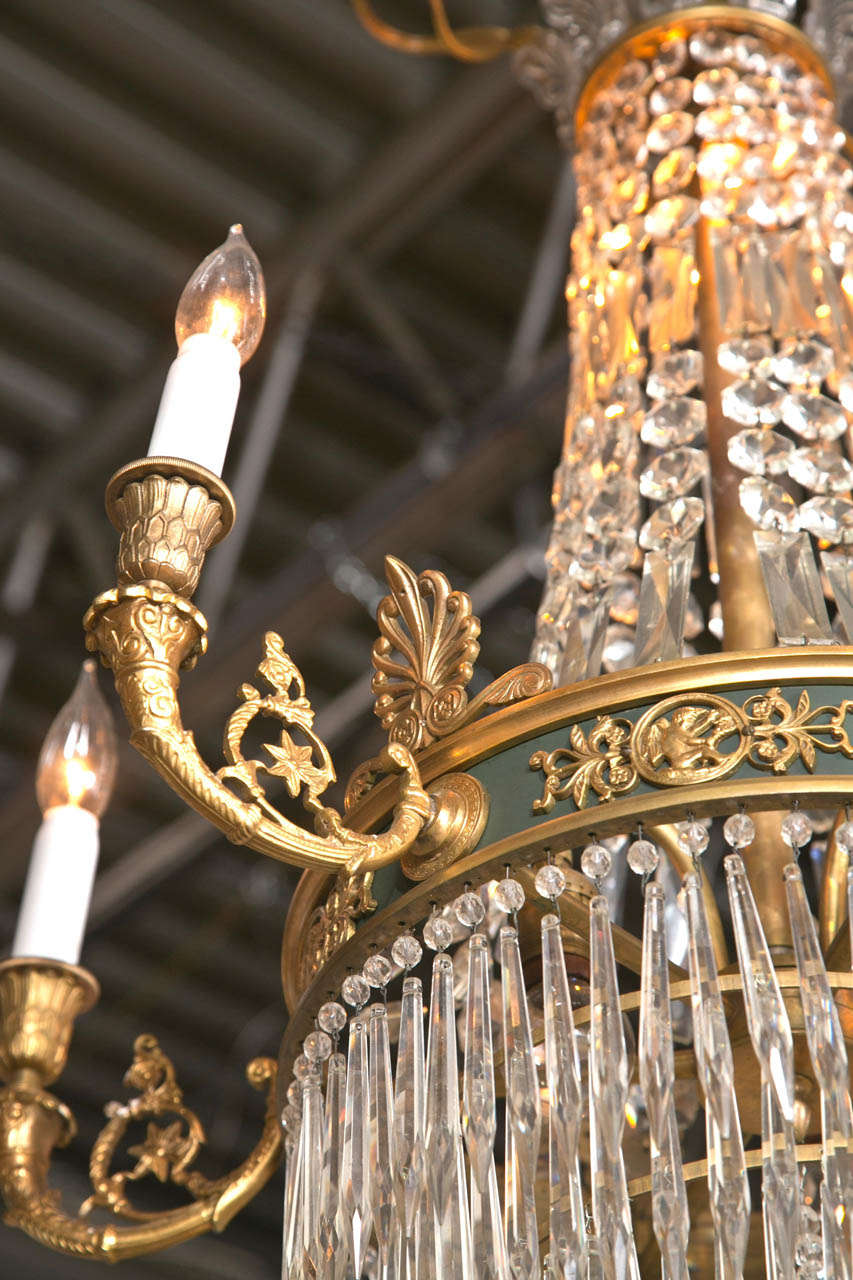 Feather Crown Bronze & Crystal Chandelier Attributed to Caldwell In Good Condition For Sale In Stamford, CT