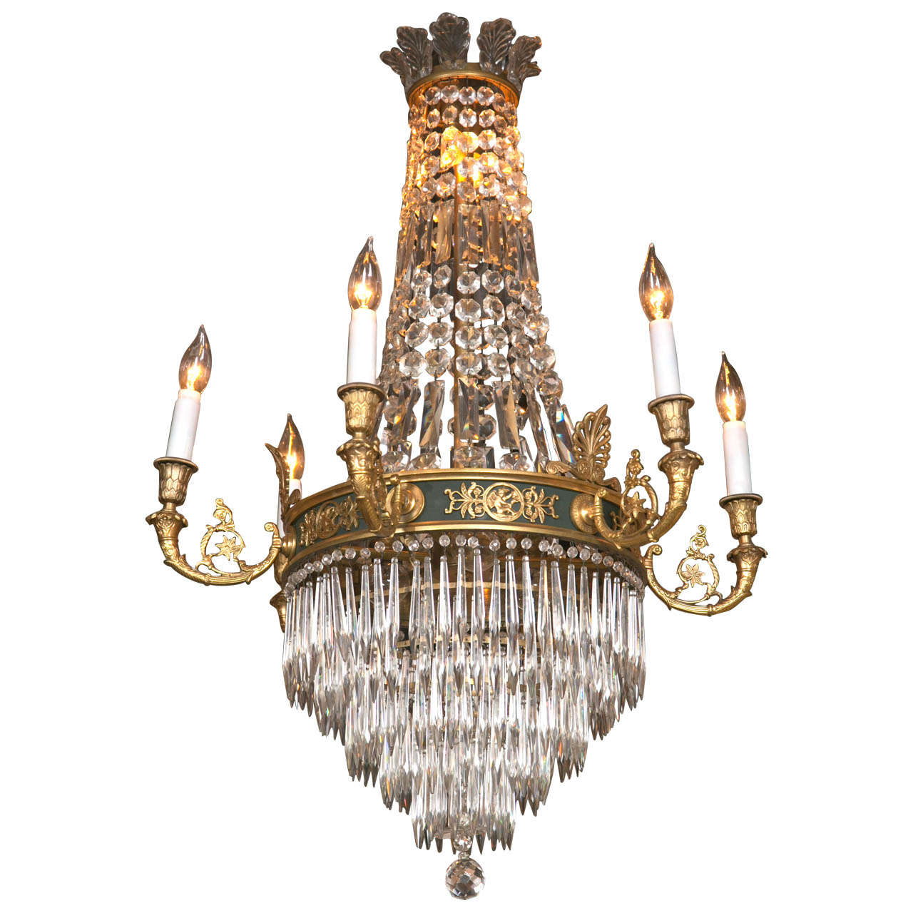 Feather Crown Bronze & Crystal Chandelier Attributed to Caldwell For Sale