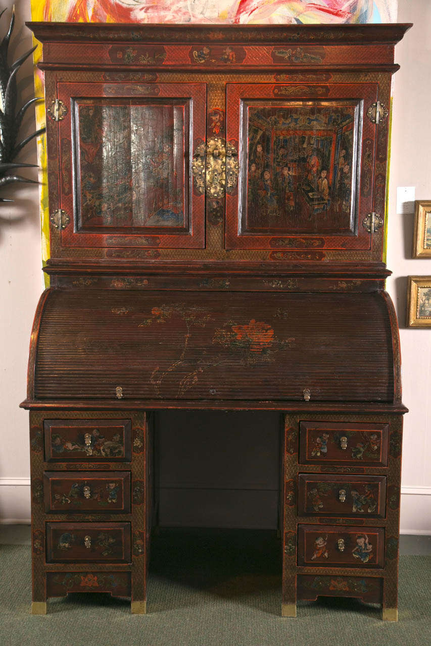 Asian hardwood desk in English form painted with scenes from woodblock prints.