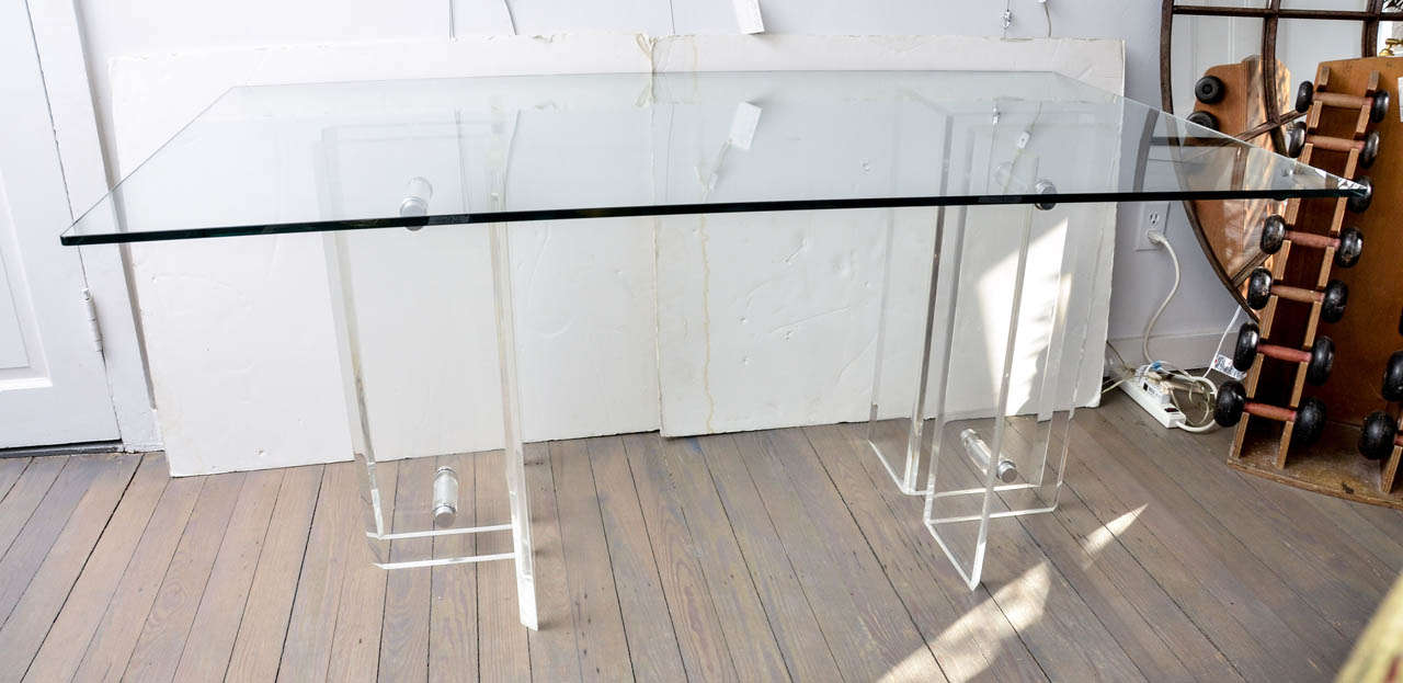 Mid-Century Modern Lucite Base Glass Top Desk/Dining Table