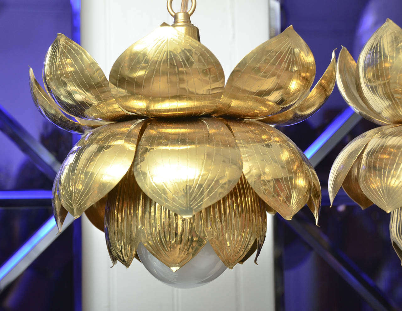 Mid-Century Modern Small Brass Lotus Flower Pendant, by Feldman