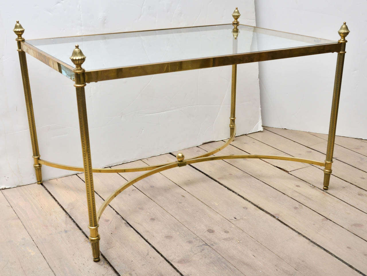 Decorative Brass and Glass Side Table with Acorn Finials, by Bagues