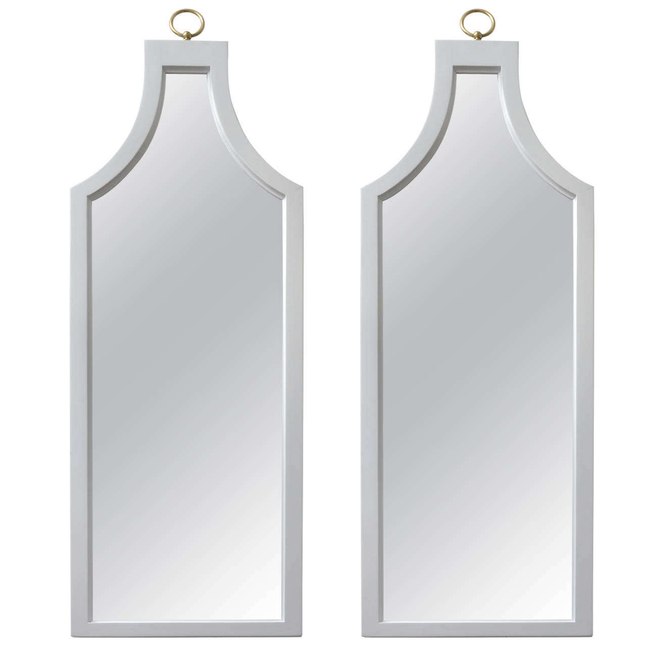 Pair of White Painted Wood Mirrors with Arched Design and Brass Ring Detail