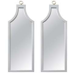 Pair of White Painted Wood Mirrors with Arched Design and Brass Ring Detail