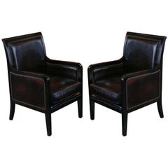 Antique Late 19th Century Pair of Ebonized and Leather Upholstered Chairs