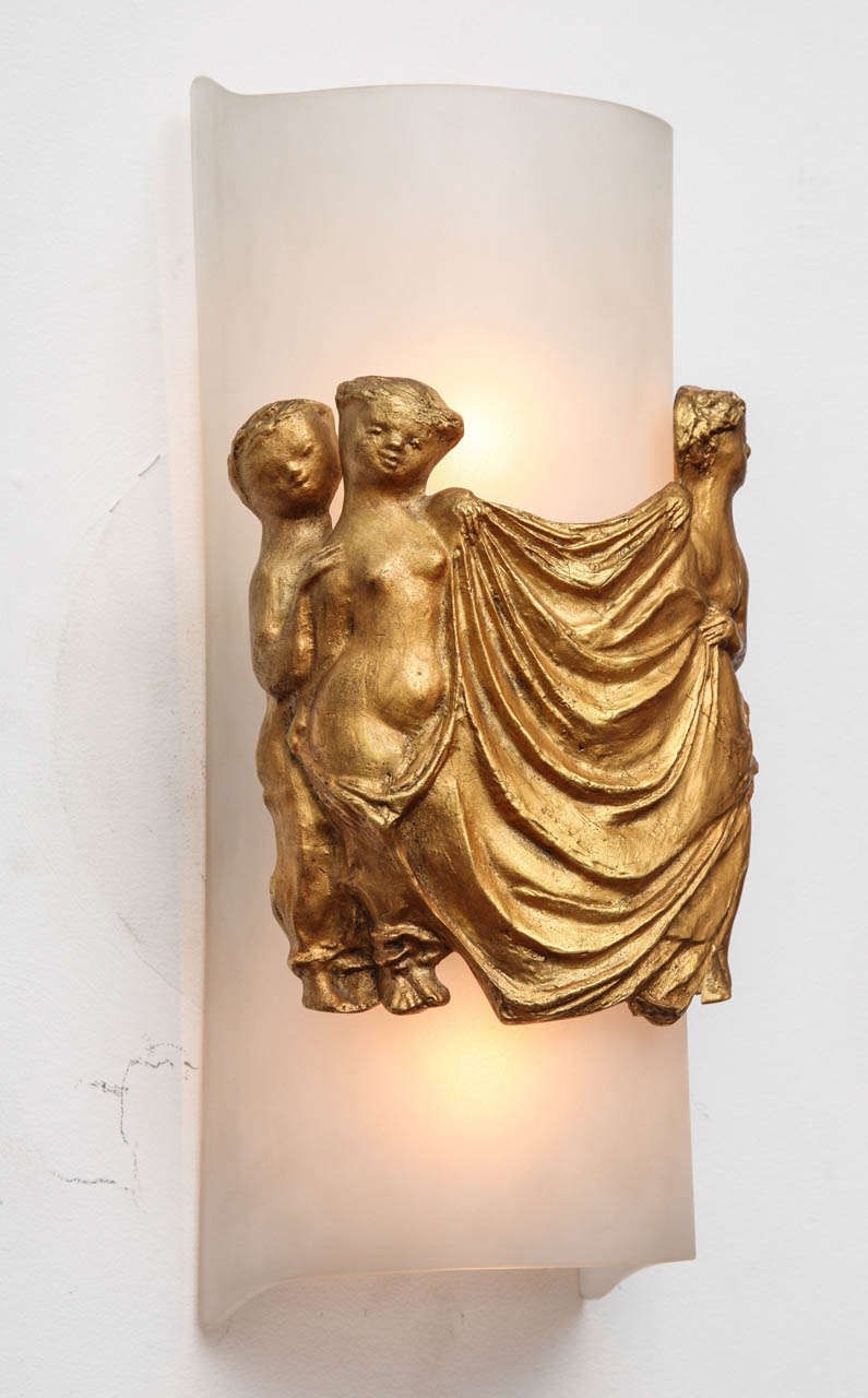 Raphaël & Lévy-Mazaud, Pair of gilt-bronze sconces, France, c. 1955 In Good Condition In New York, NY