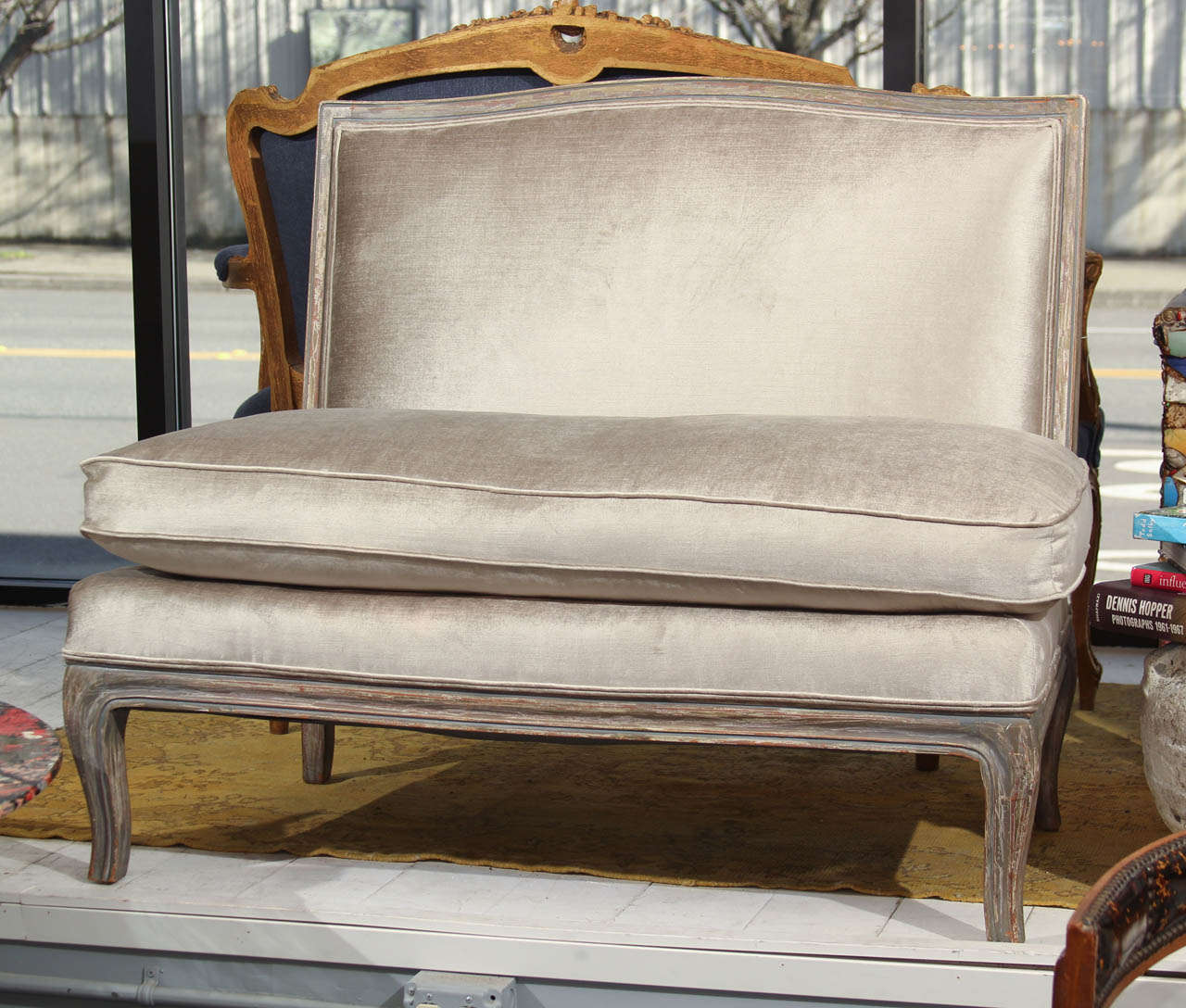 beautiful silvery grey setee in silk velvet with plump down cushion.  very comfortable and versatile