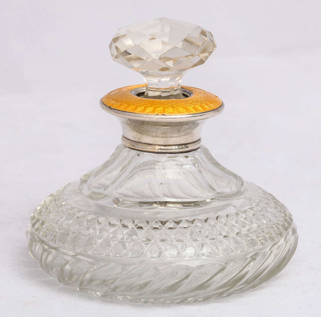 Art Deco, sterling silver - mounted, yellow guilloche enamel and cut crystal perfume bottle, Birmingham, England, 1925, Steward & Collyer, Ltd. Makers. @3 1/2