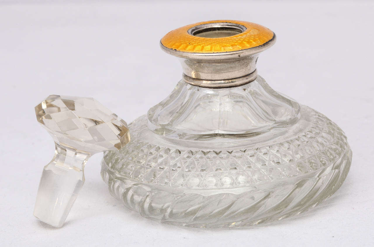 Art Deco Sterling Silver - Mounted Yellow Guilloche Enamel and Crystal Perfume Bottle In Good Condition In New York, NY