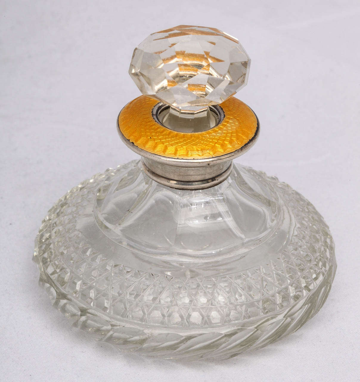 Art Deco Sterling Silver - Mounted Yellow Guilloche Enamel and Crystal Perfume Bottle 2