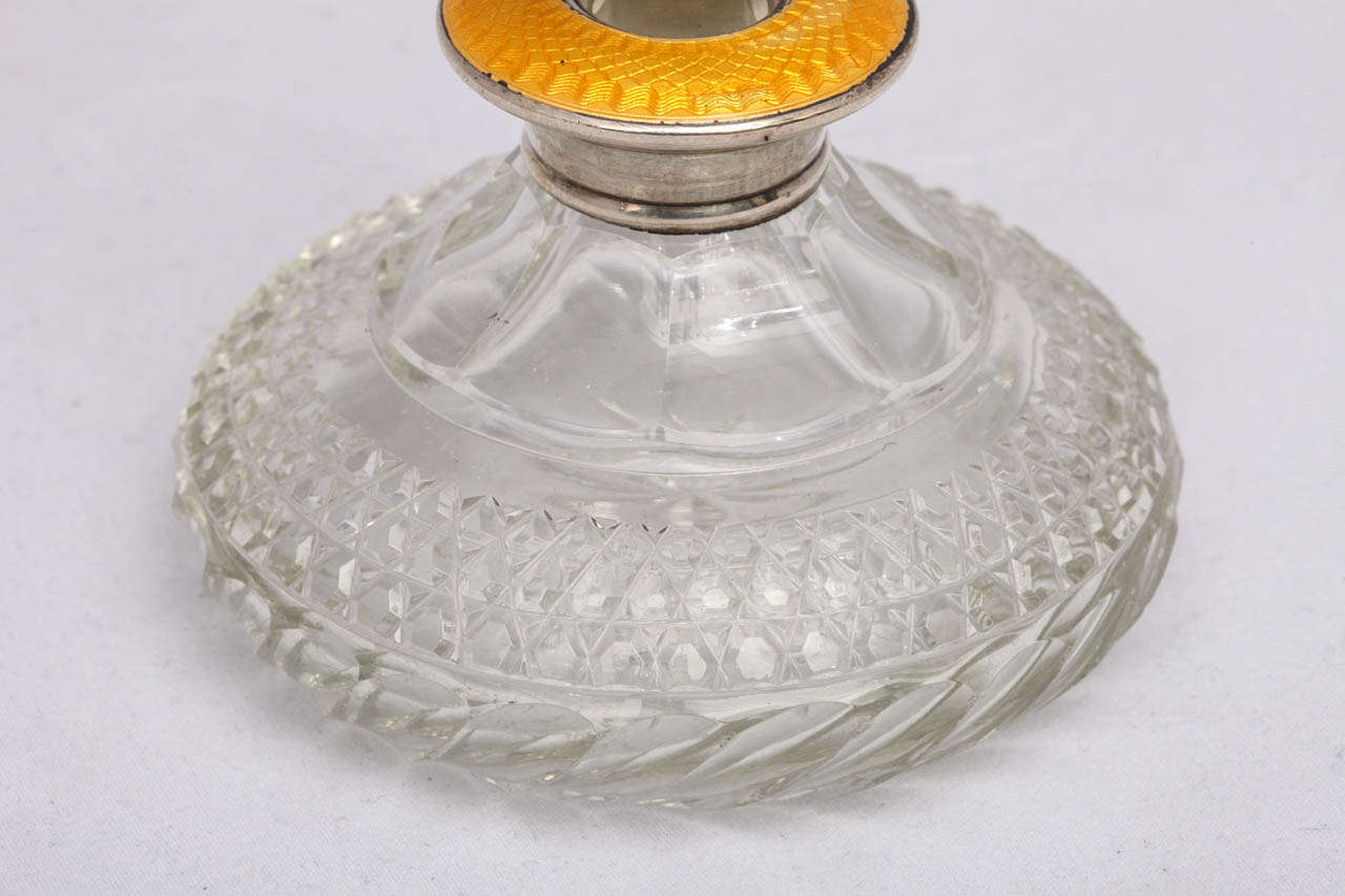 Art Deco Sterling Silver - Mounted Yellow Guilloche Enamel and Crystal Perfume Bottle 3