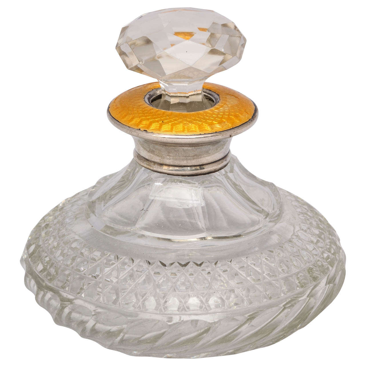 Art Deco Sterling Silver - Mounted Yellow Guilloche Enamel and Crystal Perfume Bottle