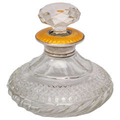 Art Deco Sterling Silver - Mounted Yellow Guilloche Enamel and Crystal Perfume Bottle