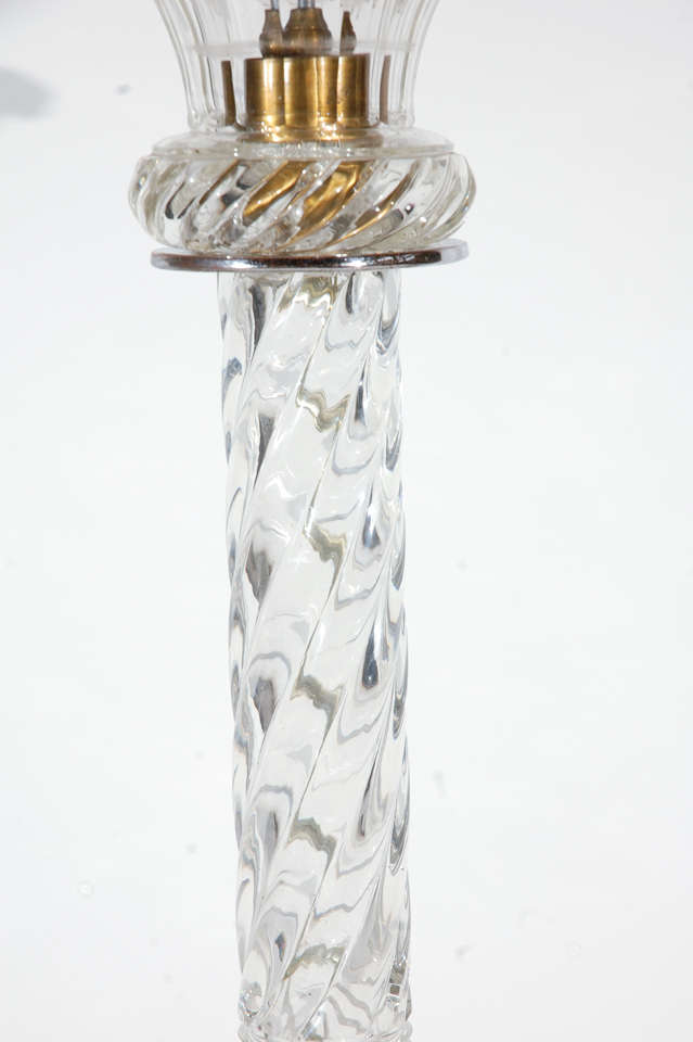 Turn-of-the-century, cut crystal, French table lamp with braided column and floral crown.