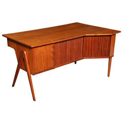 Retro Atomic Era Danish Modern Teak 2-Sided Desk with Tambour Cabinet