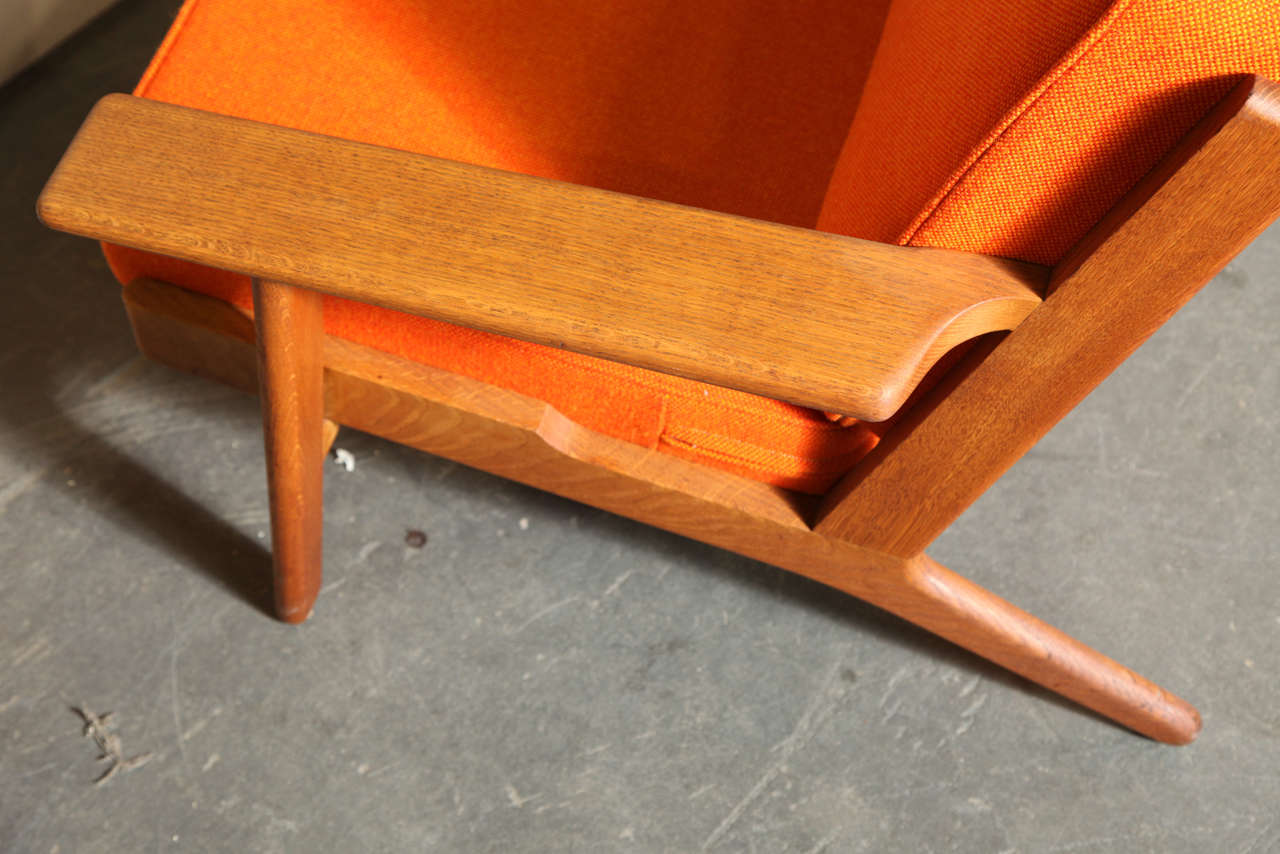 Pair of Teak Paddle Arm Chairs with Orange Fabric 1
