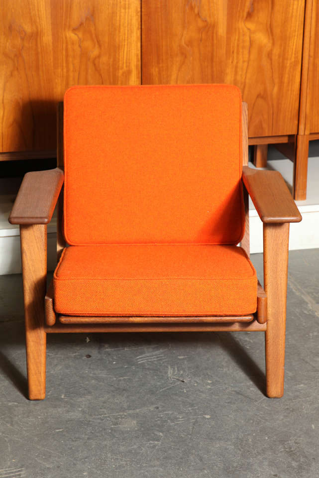Pair of Teak Paddle Arm Chairs with Orange Fabric 2