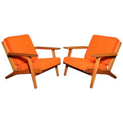Pair of Teak Paddle Arm Chairs with Orange Fabric