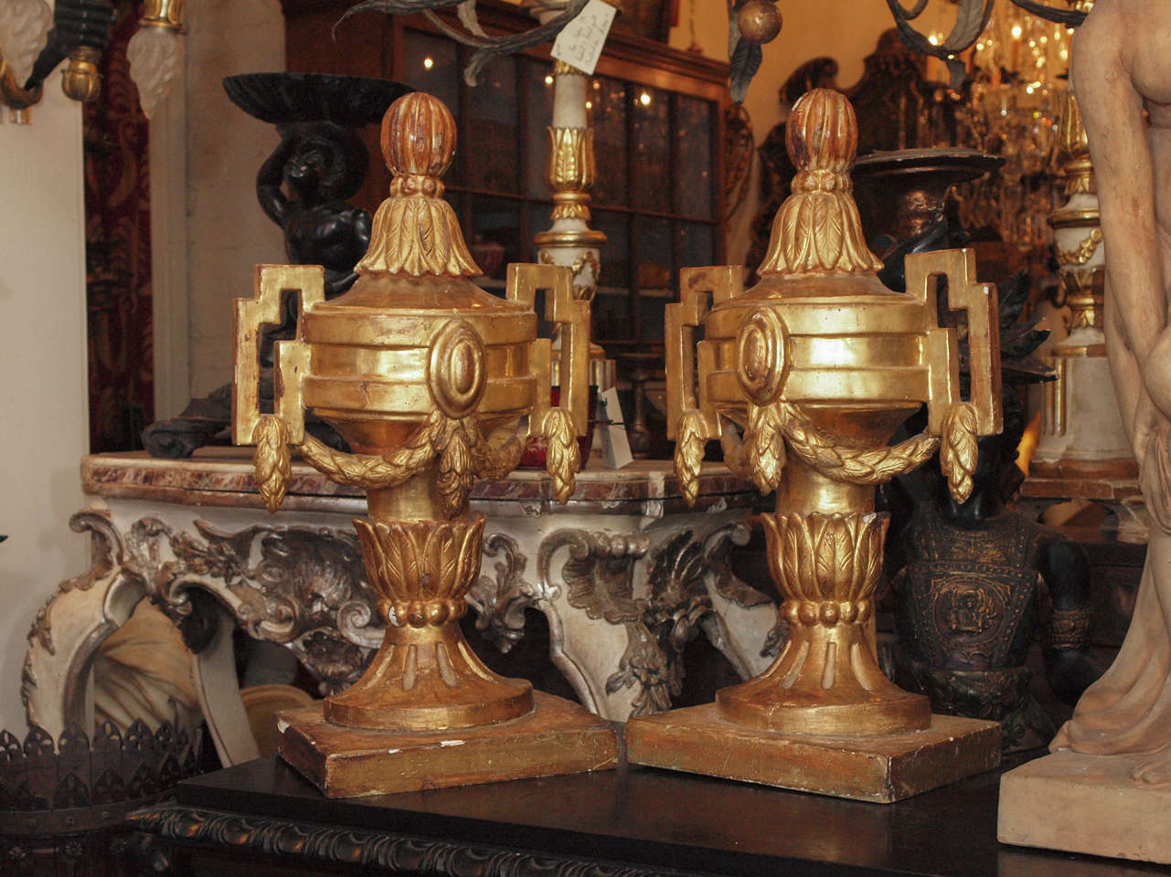Pair of 18th c. Louis XVI Italian Gilt Wood Urns 