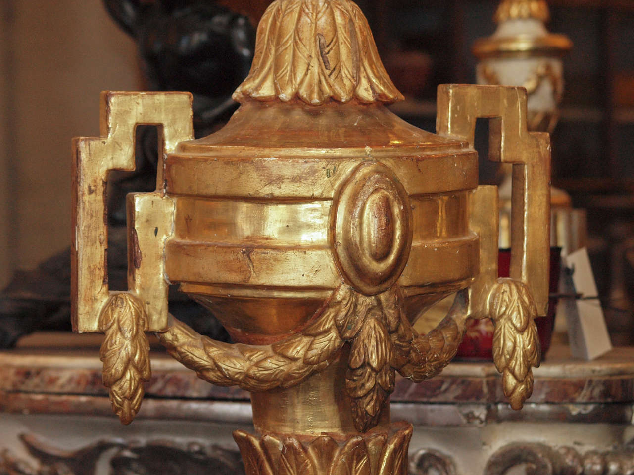 18th Century and Earlier Pair of 18th c. Louis XVI Italian Gilt Wood Urns For Sale