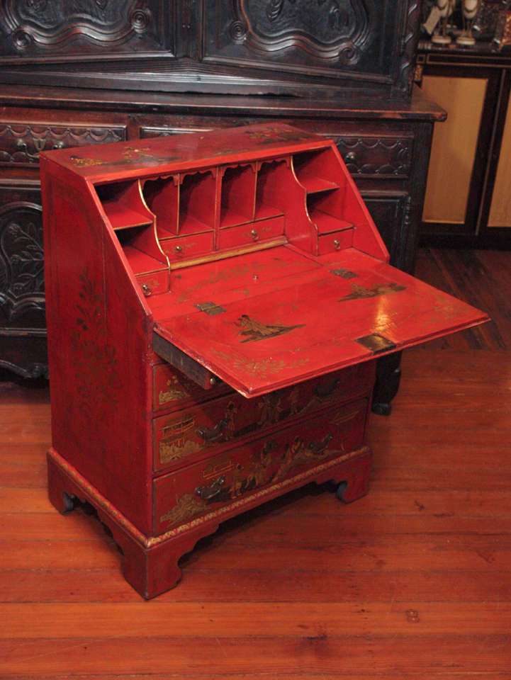 English George III Chinoiserie Red Lacquered Secretary