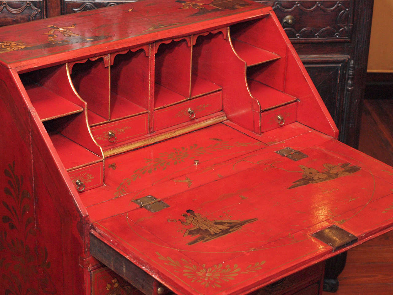 18th Century and Earlier English George III Chinoiserie Lacquered Secretary