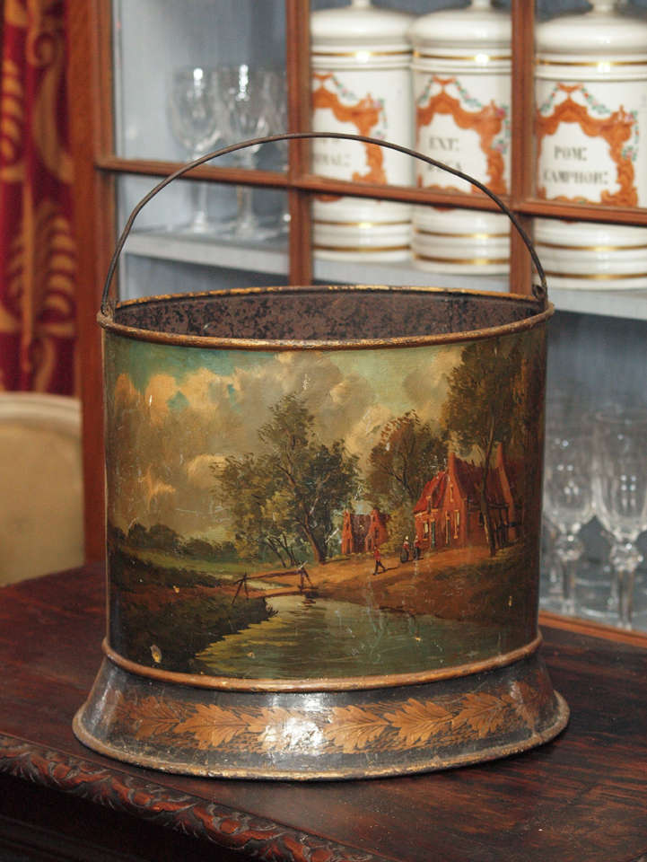 French Scenic Painted Tole Peat Bucket with handle. 
Exceptional painting.