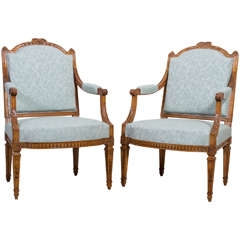 Pair of Carved Louis XVI Style Walnut Fauteuils - STORE CLOSING MAY 31ST