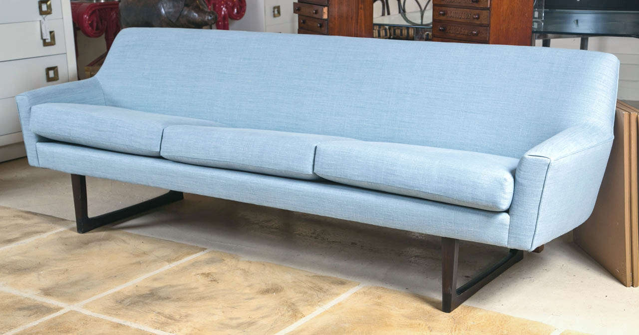 Mid-century Danish modern sofa.  completely redone in blue linen.