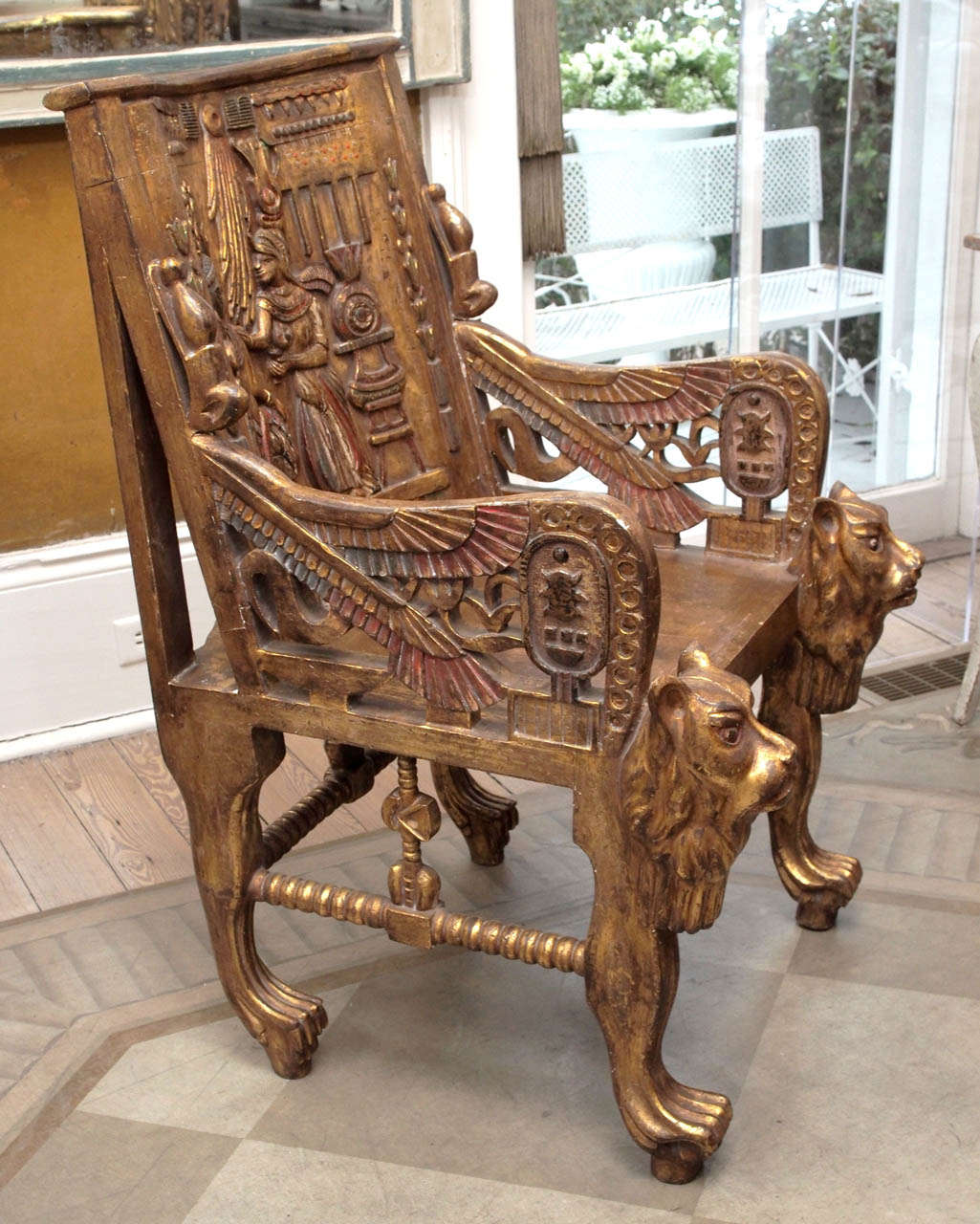 20th Century Pair of Egyptian Revival Giltwood Throne Chairs