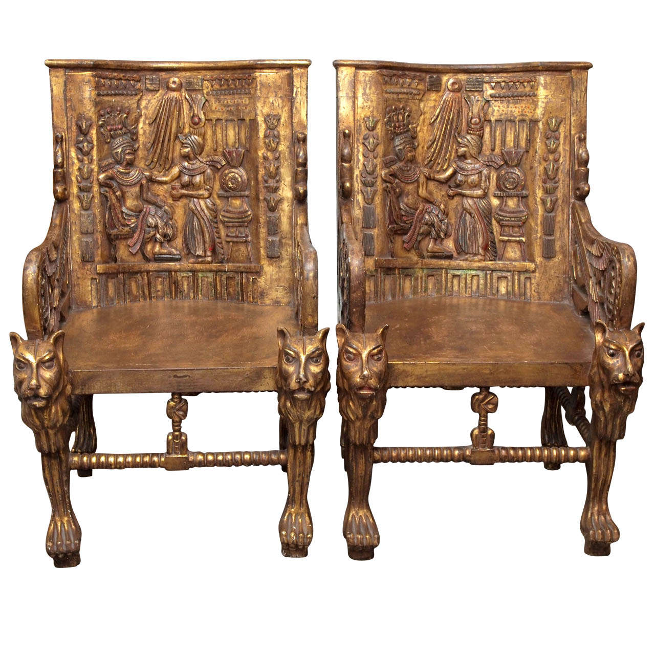Pair of Egyptian Revival Giltwood Throne Chairs