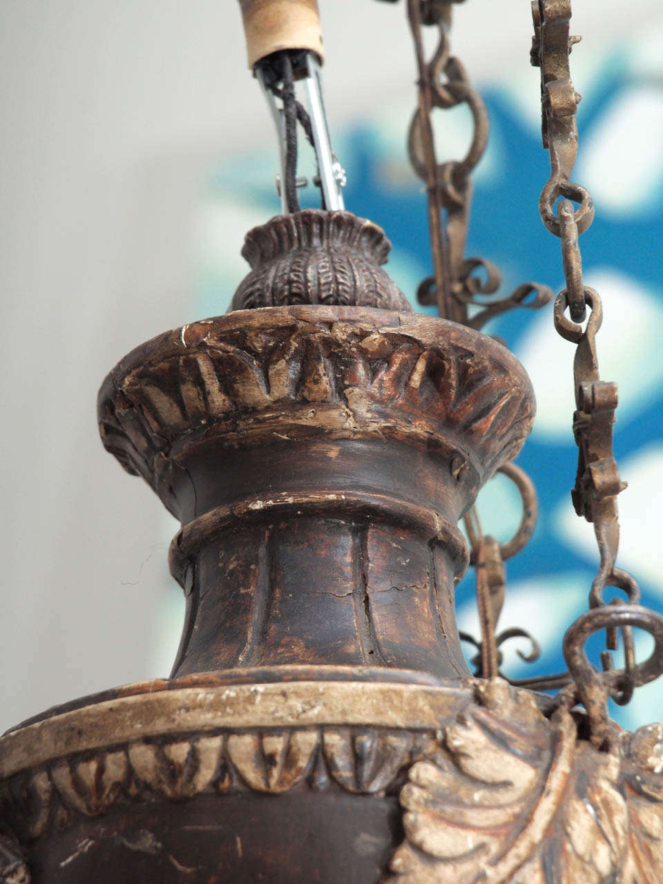 Painted Wood Chandelier with Detailed Grape Leaf Carvings For Sale 2