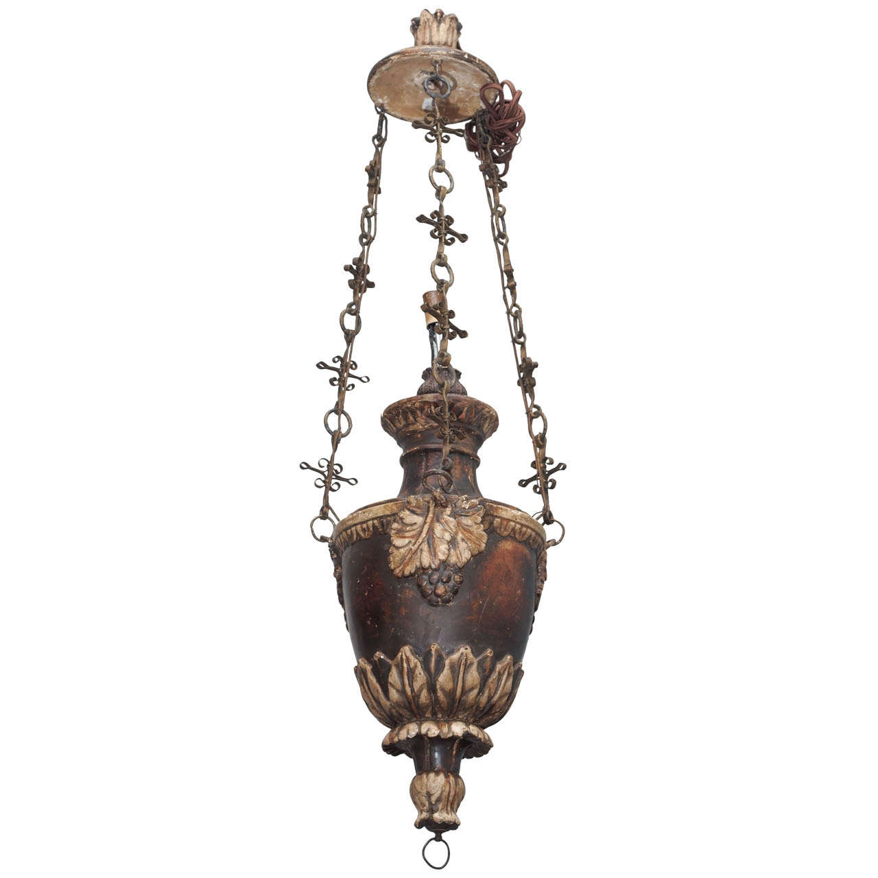 Painted Wood Chandelier with Detailed Grape Leaf Carvings For Sale