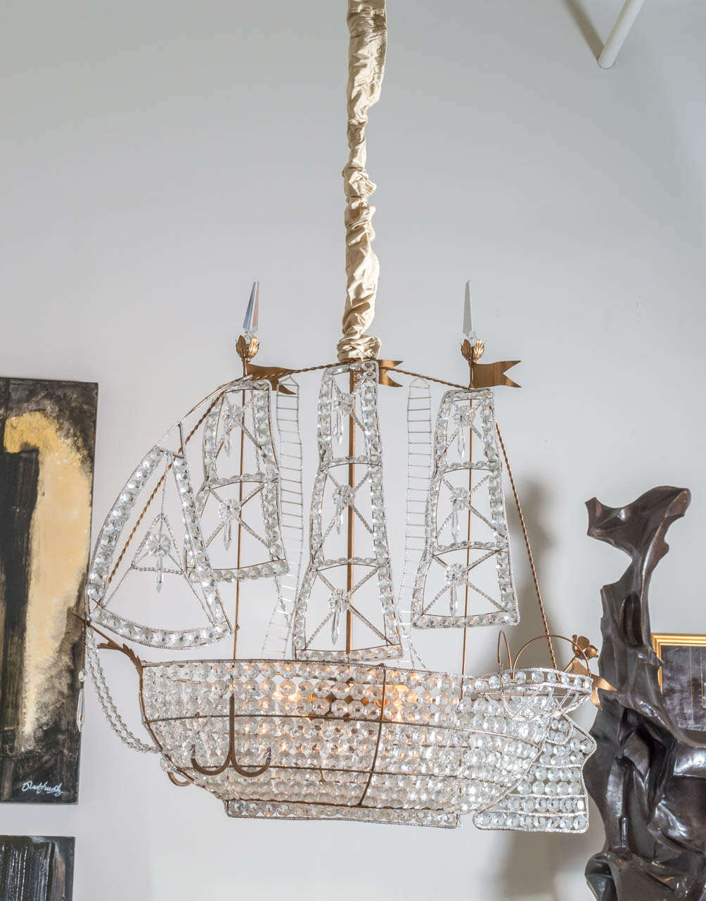 Beautiful rare 20th century Venetian Chandelier  of a sailboat with hand cut crystals, completely  outfitted with sails, anchor and life boat. Circa 1920.