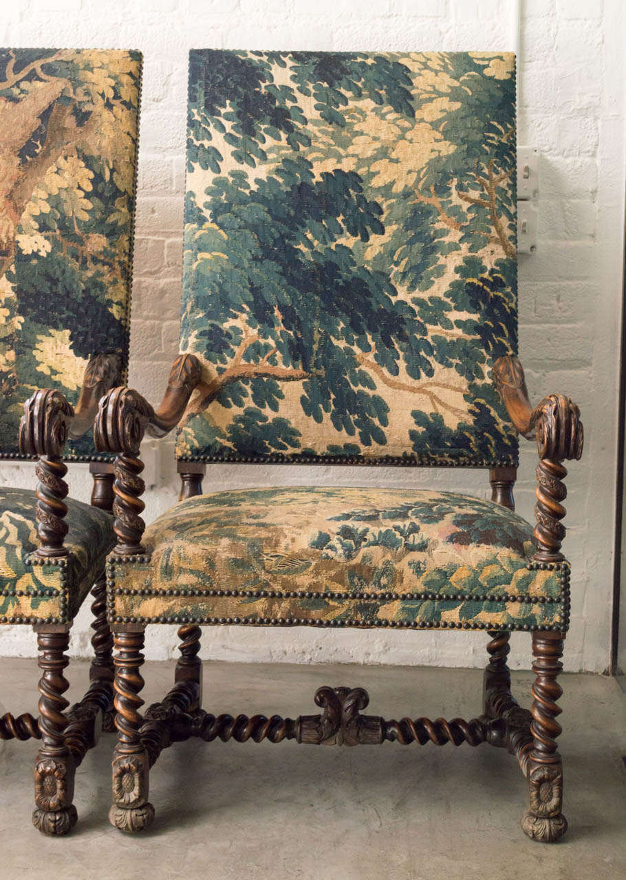 Pair Of Hand Carved Arm Chairs Upholstered In Flemish Tapestry In Good Condition In Larkspur, CA