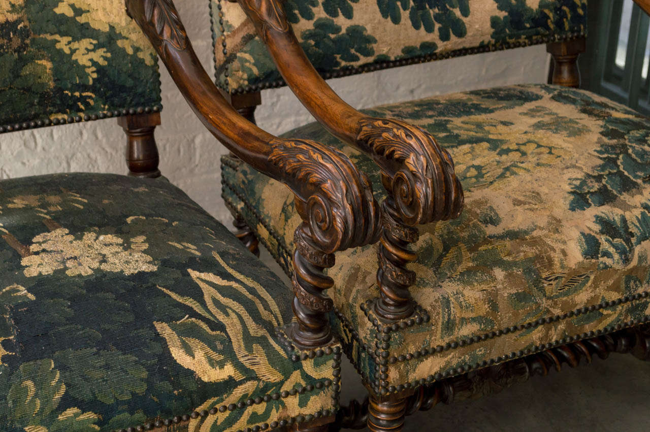 18th Century and Earlier Pair Of Hand Carved Arm Chairs Upholstered In Flemish Tapestry
