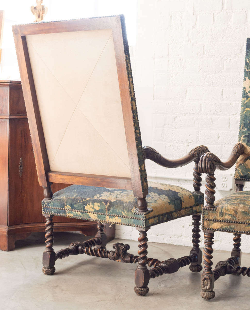 Pair Of Hand Carved Arm Chairs Upholstered In Flemish Tapestry 5