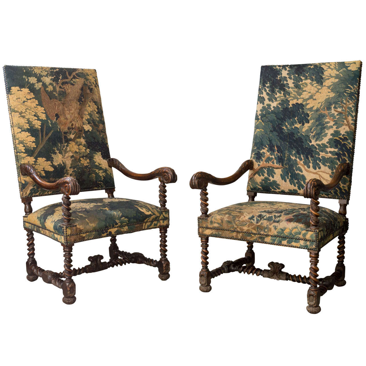 Pair Of Hand Carved Arm Chairs Upholstered In Flemish Tapestry