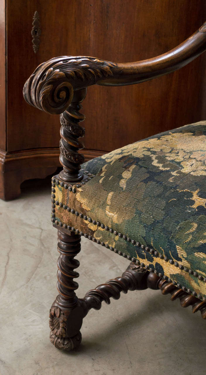 Pair Of Hand Carved Arm Chairs Upholstered In Flemish Tapestry at