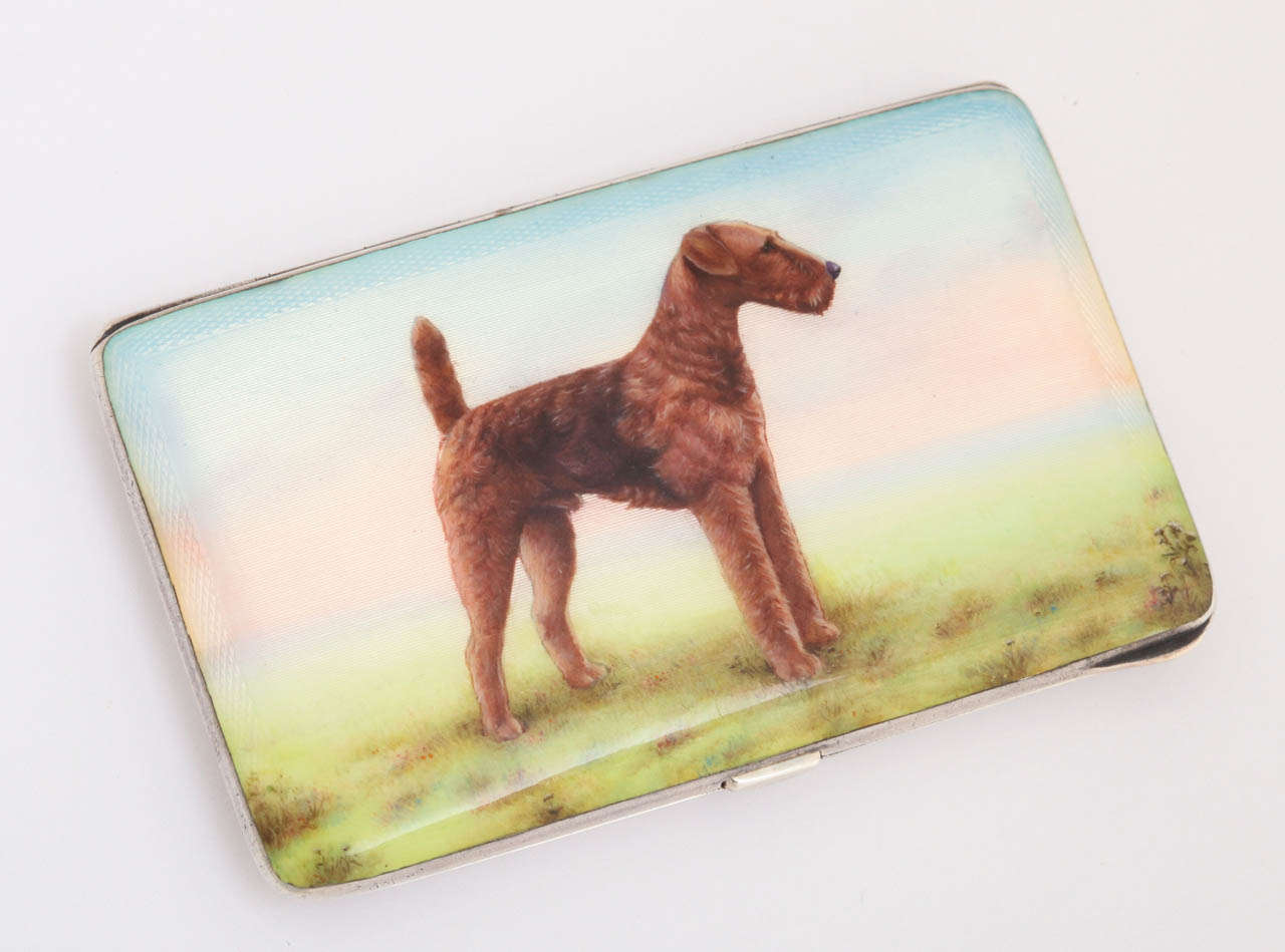 19th Century Exquisite Sterling Silver Card Case with Hand Painted Terrier Dog For Sale