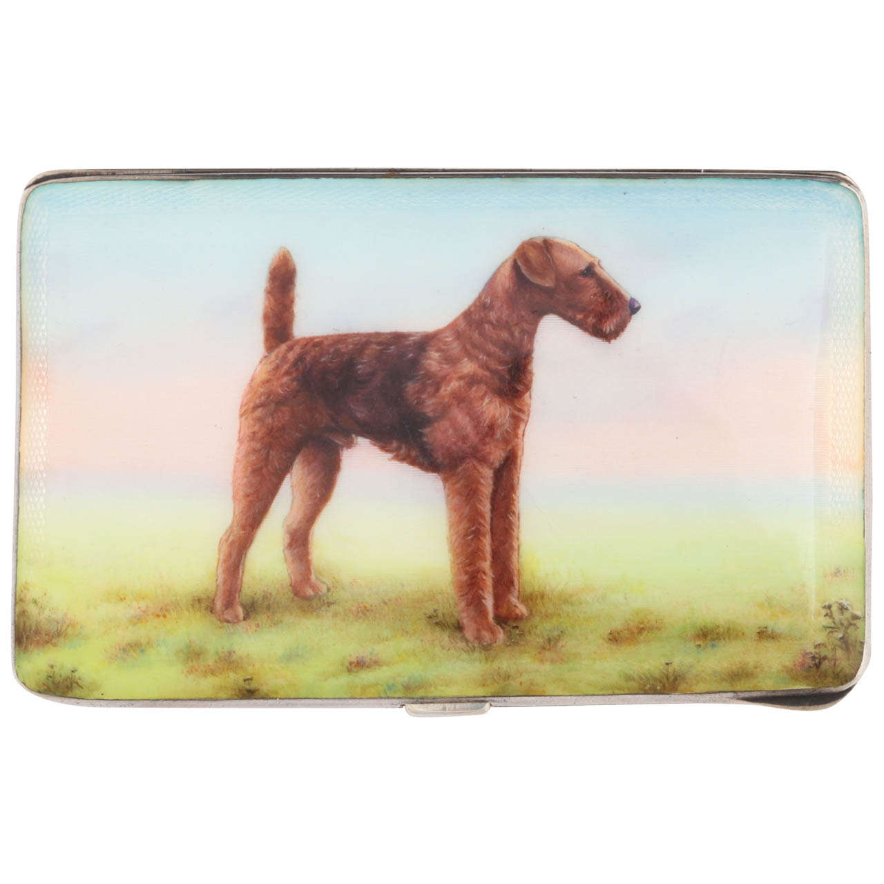 Exquisite Sterling Silver Card Case with Hand Painted Terrier Dog For Sale