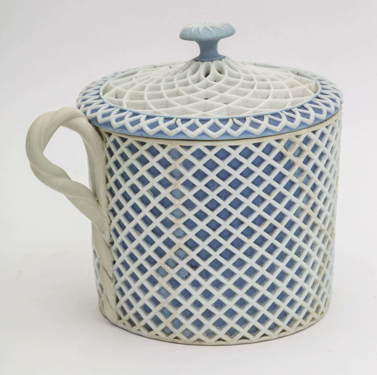 A fine signed Wedgwood blue and white jasper covered custard cup with pierced cover and rope twist handle, upper case mark