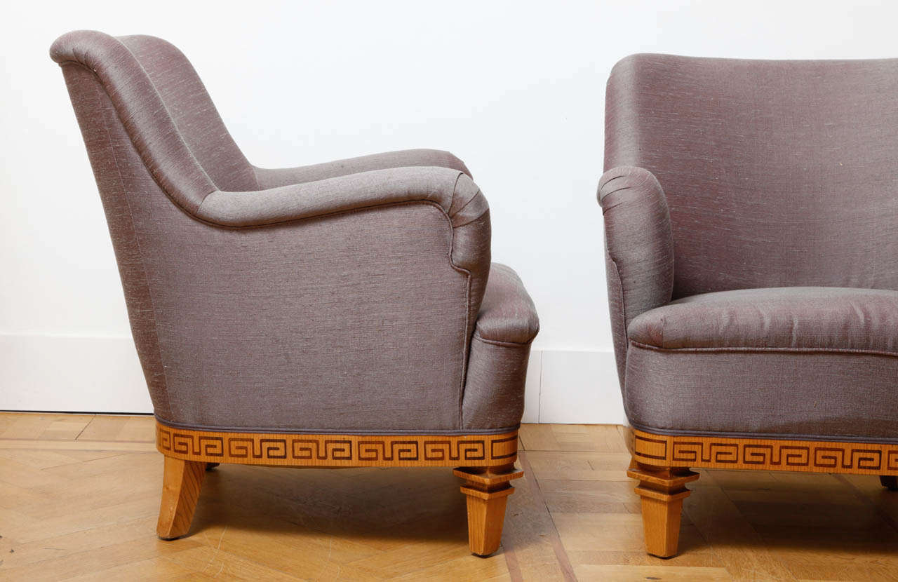 Woodwork Art Deco Sofa And Pair Of Chairs With Classicized Marquetry For Sale