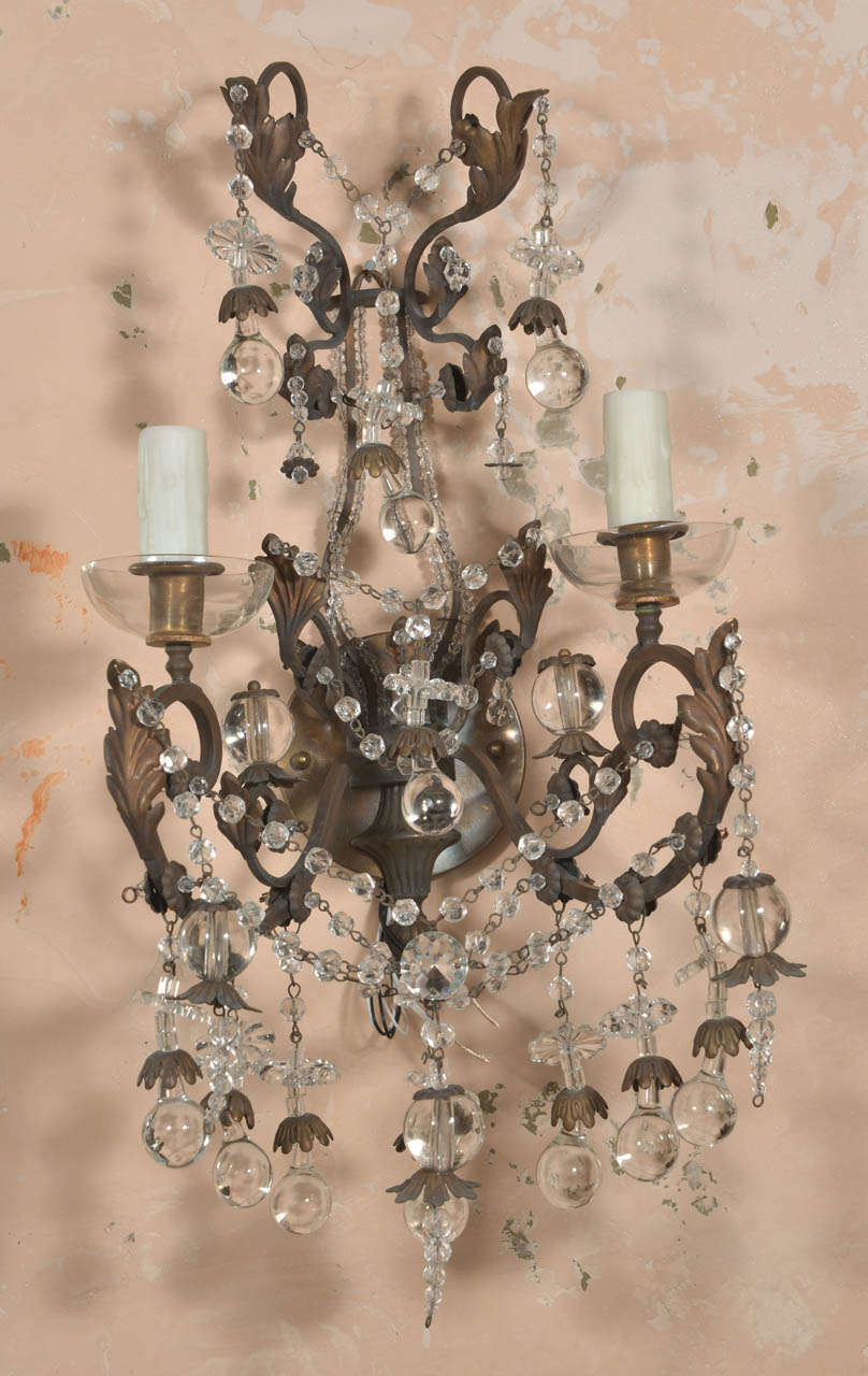 Pair French Iron and Crystal Sconces In Excellent Condition In Houston, TX