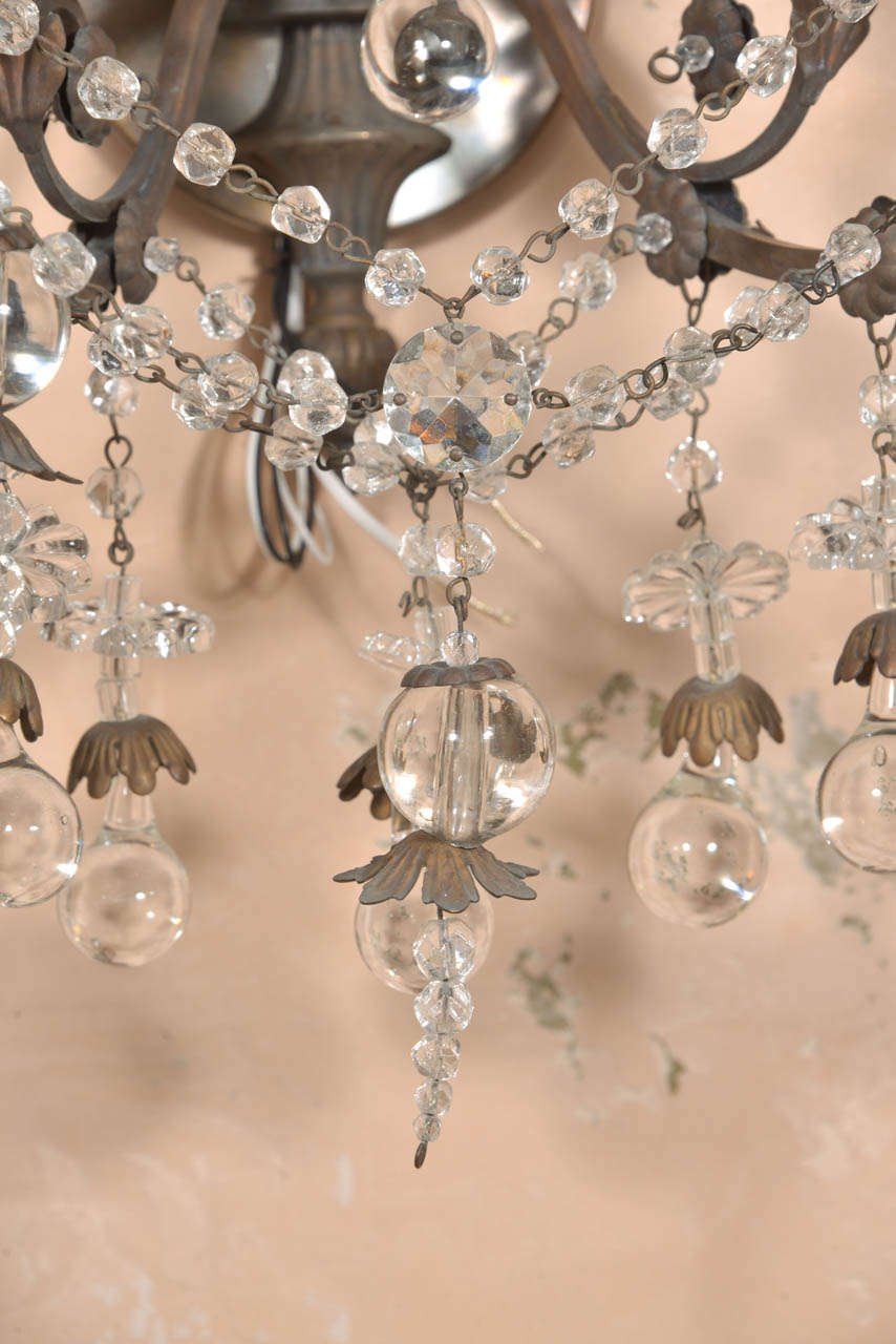 20th Century Pair French Iron and Crystal Sconces